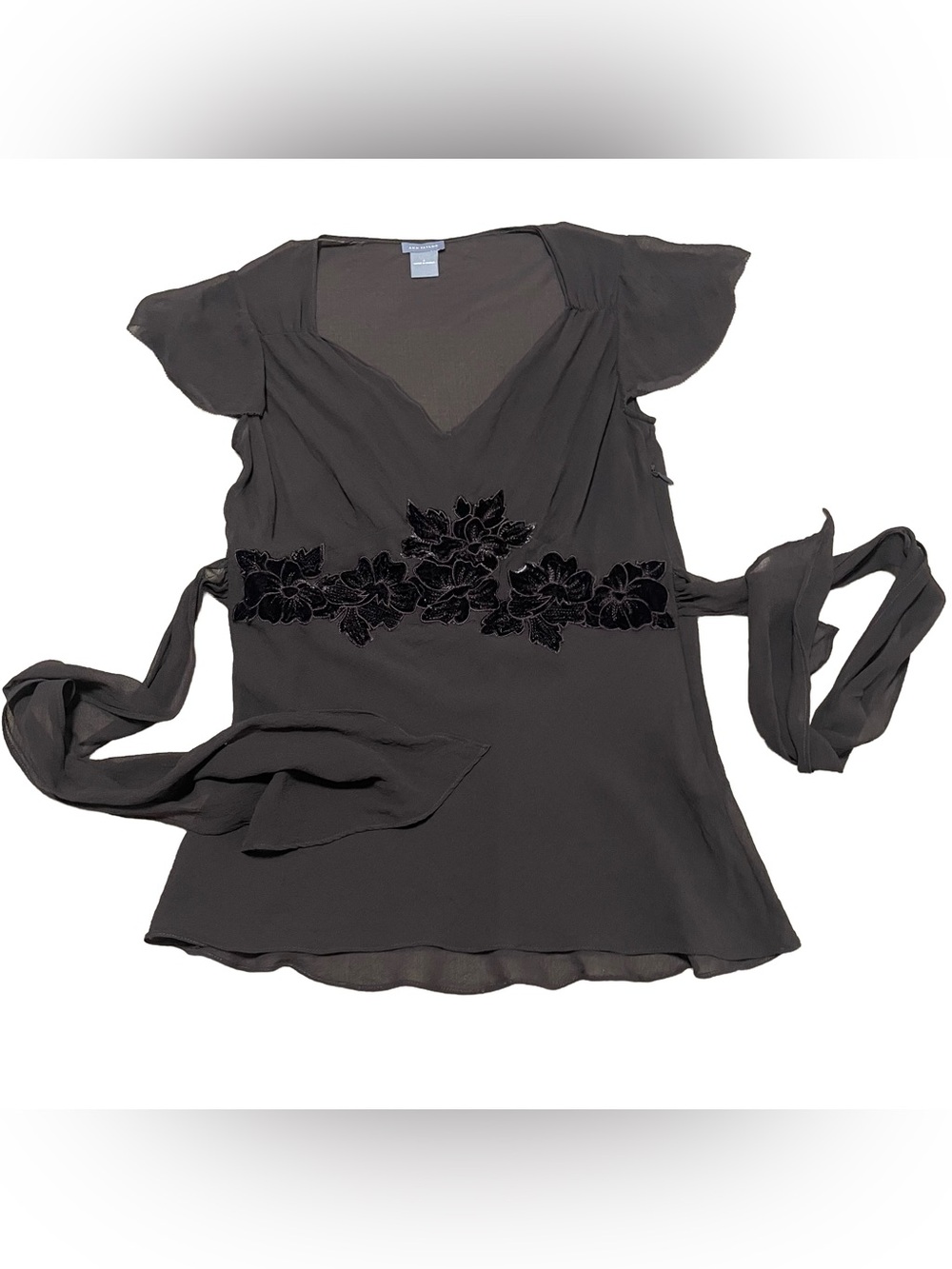 y2k Sheer 100% Silk Chocolate Brown Babydoll Top with tie back and velvet detail